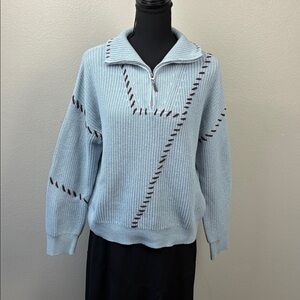 J. Society Sewed Up Sweater Ribbed Knit 1/4 Zip Cotton Blue/Brown Pullover L